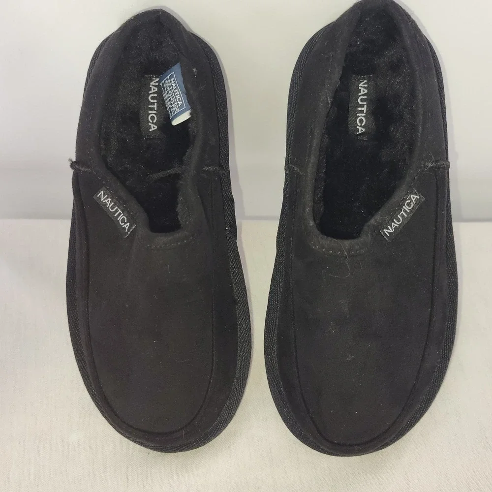 Nautica Kids Black Faux Fur Lined‎ Slip On Moccasin Slippers